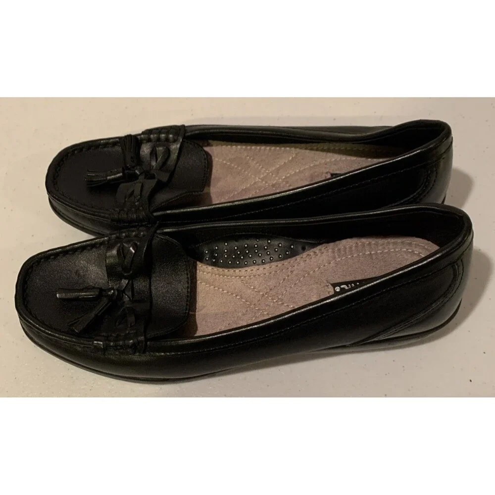 Thom McAn Black Leather Tassel Slip On Comfort Loafers Shoes Women Sz 8 W Dacia